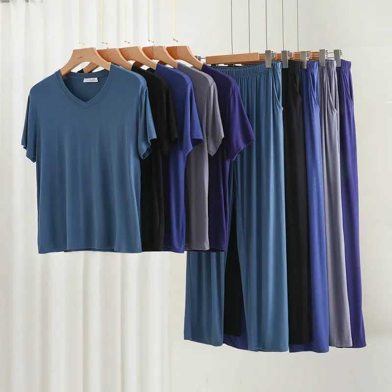 Cotton V-neck short sleeved top pants 2-piece sleepwear set suitable for mens summer thin and loose oversized home sleepwear setW240719