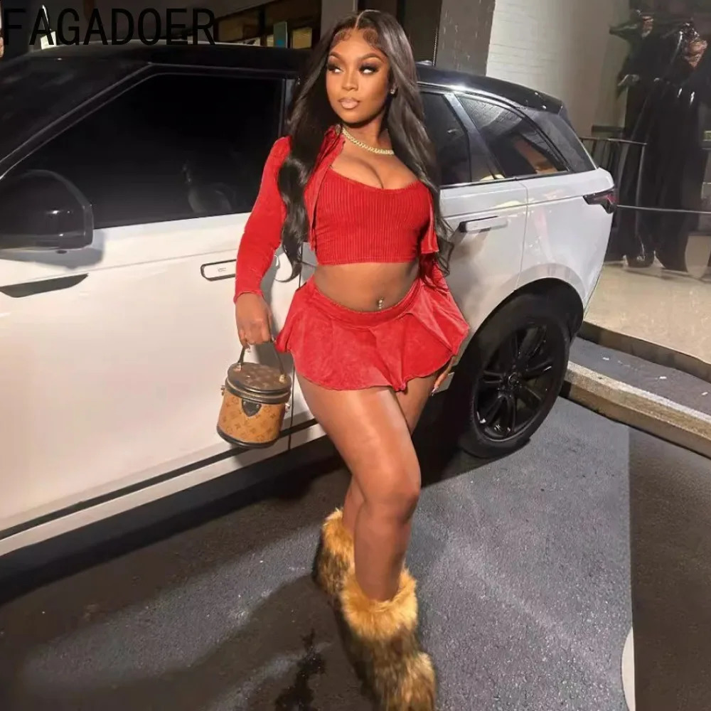 FAGADOER Sexy Y2K Ribber Pleated Skirts Three Piece Sets Women VestLong Sleeve Crop Coats Super Mini Skirts Outfit Streetwear 240813