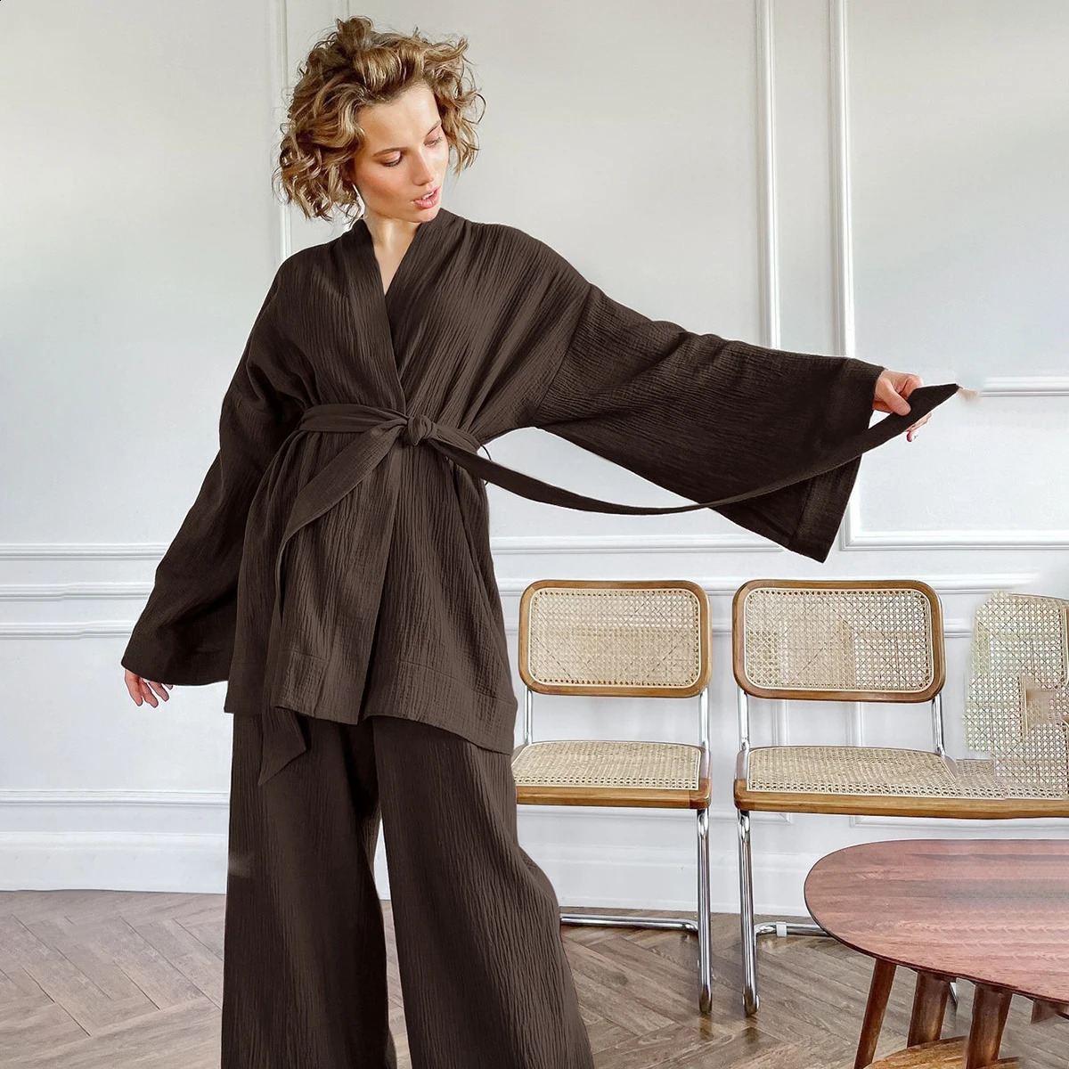 Casual Lace Up Long Sleeve Cardigan Tops Suits High Waist Wide-leg Pants Nightgown Sets Loose Pajama Women Homewear 2 Piece Sets 240819