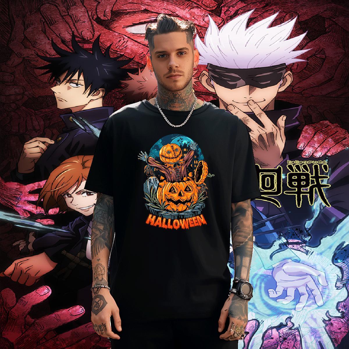 Cool Man T Shirts halloween Breathable Crew Neck Anime Printing Street Floral Print 230g Pure Cotton Men Tees 2024 New Wear