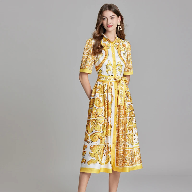 Summer Holiday Yellow Paisley Print Shirt Dresses Womens Turn Down Neck Short Sleeve Belt High Waist Beach Party Vestidos 240819