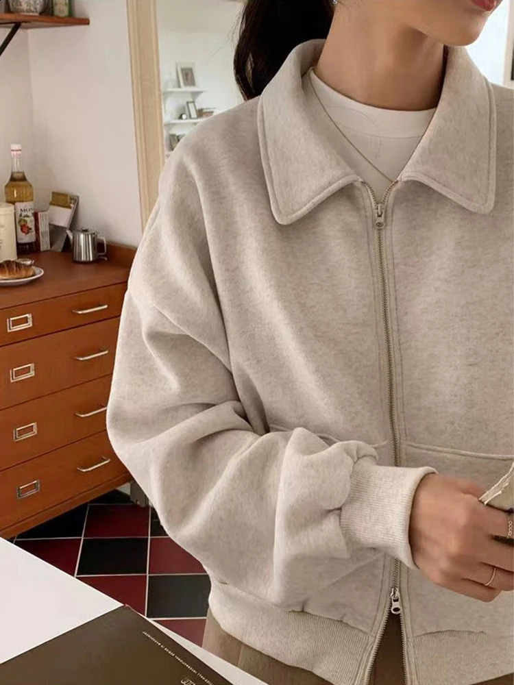 Vintage Zip Up Sweatshirts Cardigans Winter Autumn Women Hoodies Long Sleeve Plain Grey Tops Jacket Coat Loose Casual Short Coat 240819