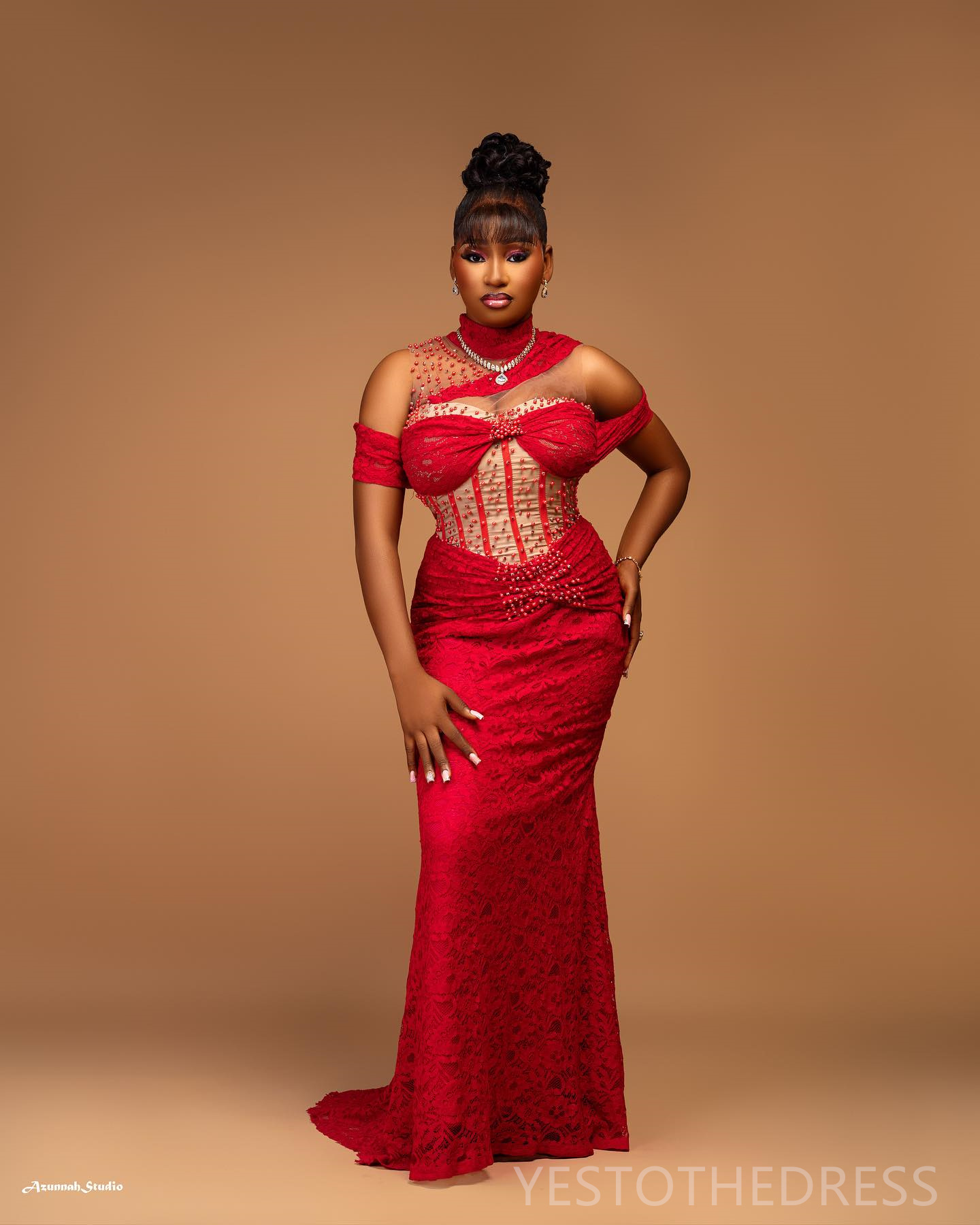 R&W 2024 Aso Ebi Red Prom For Special Ocns Evening Dresses Elegant Illusion Promdress High Neck Mermaid Beaded Lace Birthday Dress Reception Gowns AM1