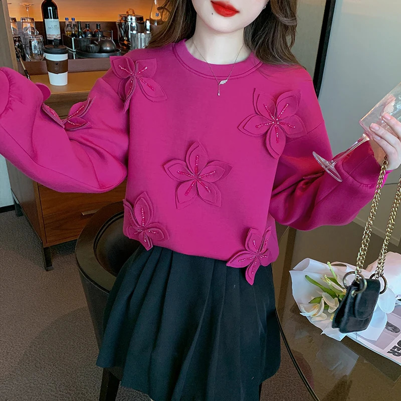 Fall Big Flower Korean Sweet Sweater Chic Beaded Loose Casual Pullover Space Cotton Aesthetic Hoodie 240814