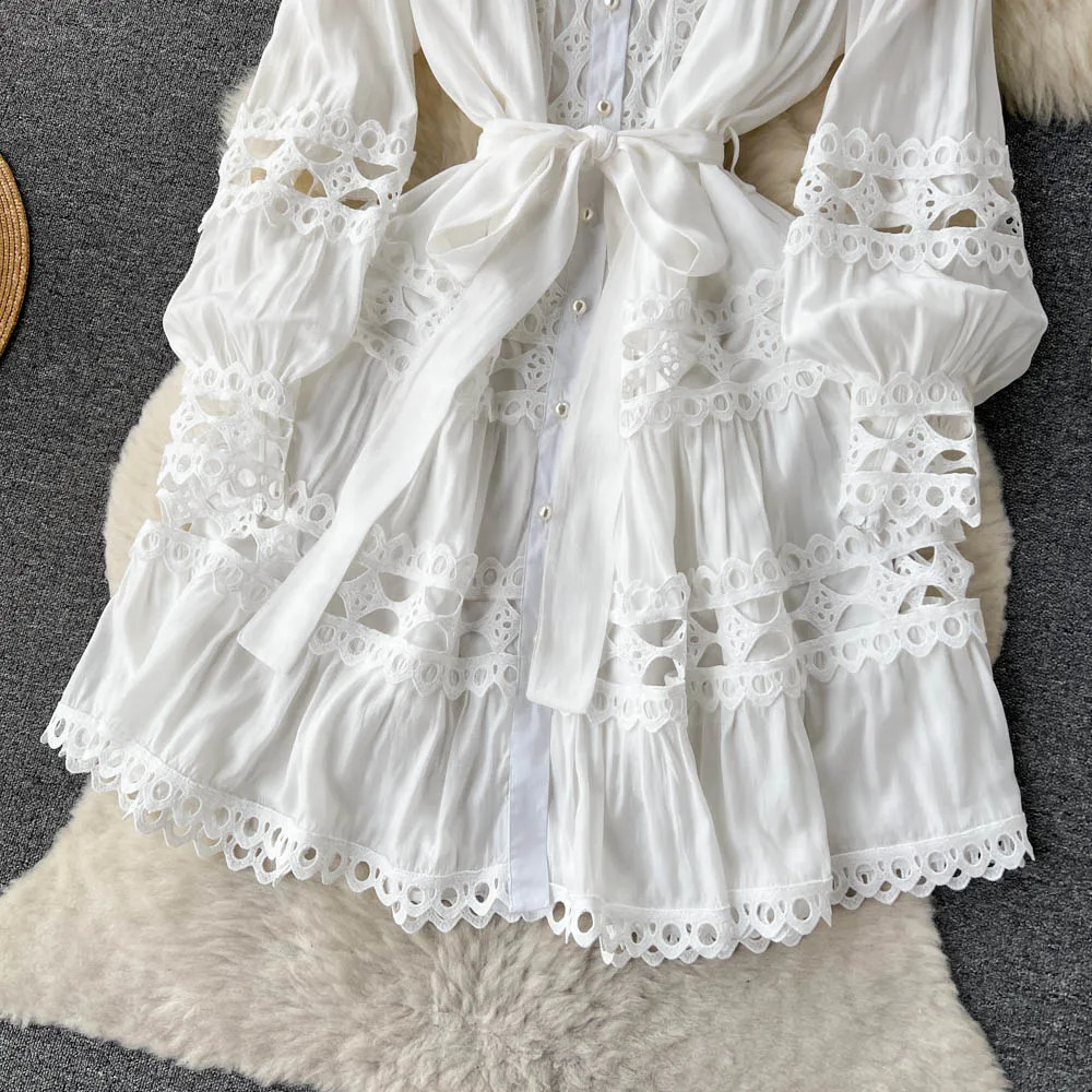 Vintage Folds Lace Hollow Out Lantern Sleeves Long Sleeves Single Breasted Dress Casual Women A-line Fashion Autumn Dress