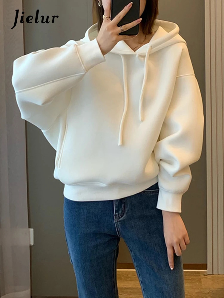 Jielur Fashion Simple Solid Color Womens Sweatshirt Slim Loose Vintage American Casual O-neck Female Hoodies Green White 240819