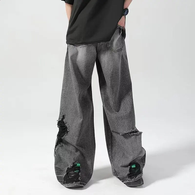 Hole Hip Hop Jeans Men High Street Loose American Style Vintage Straight All-match Youthful Leisure Vibe Wide Leg Y2k Harajuku 240819