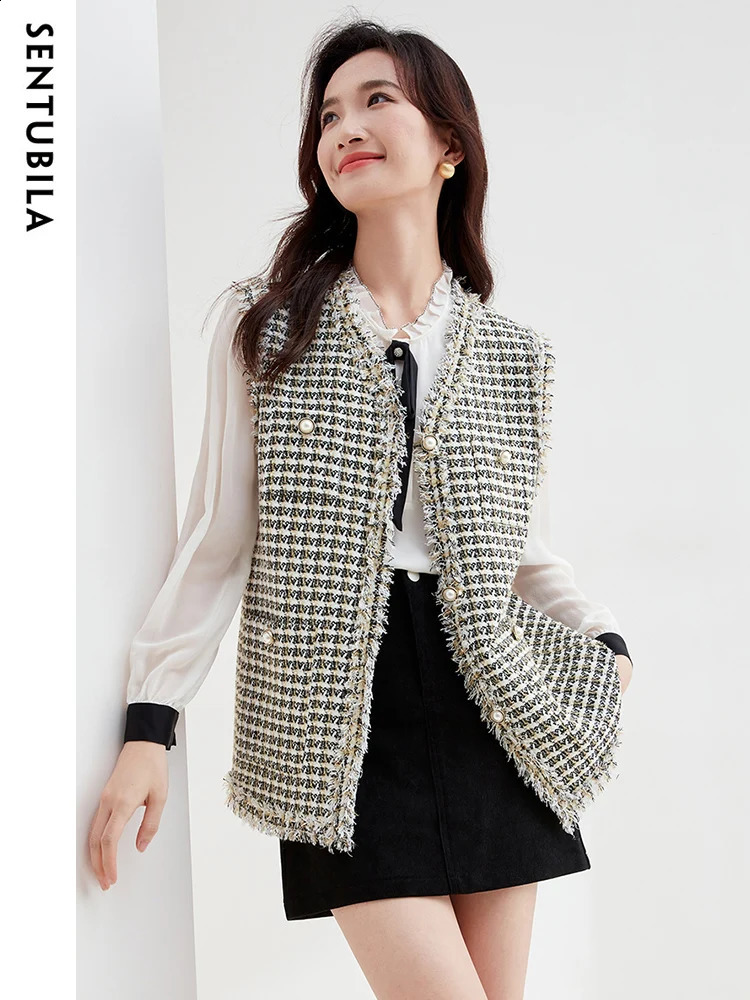 SENTUBILA Tweed Sleeveless Jacket Womens Loose Hound Tank Top Spring and Autumn Vneck Fashion 133J50661 240819