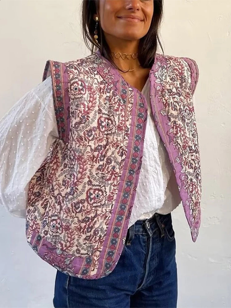 Retro Bohemian womens vest jacket autumn thick coat sleeveless short sleeved fashionable printed 240819