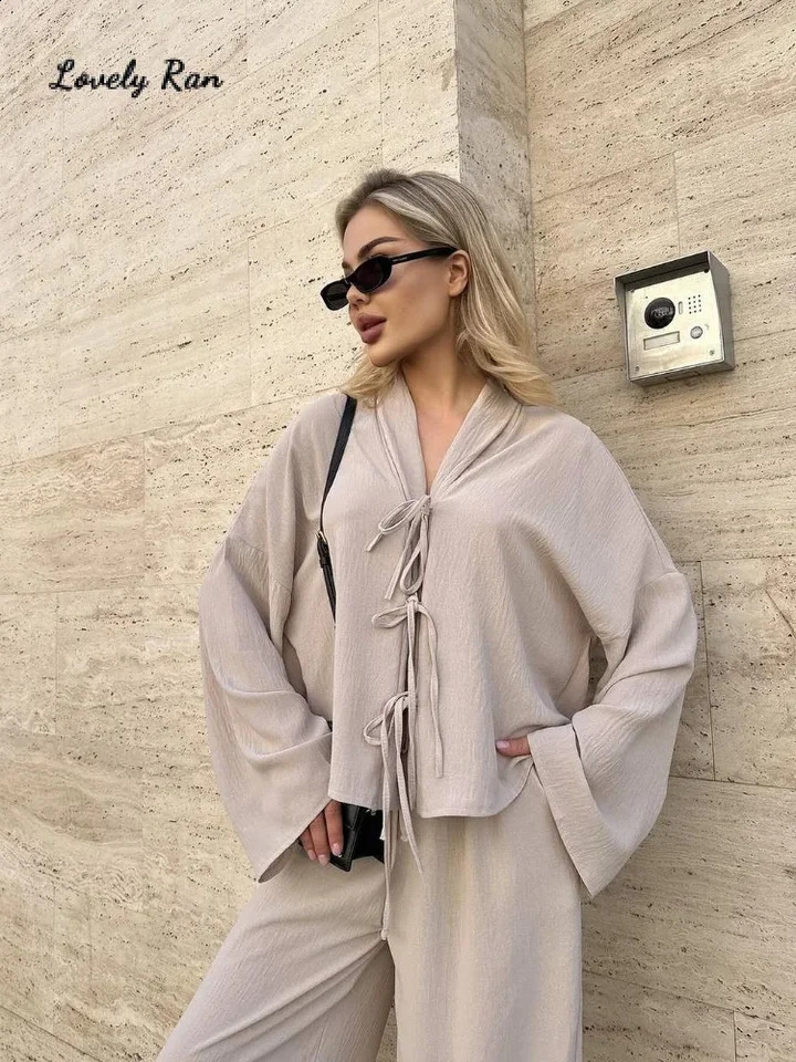 2024 Early Autumn Loose Lace Up Shirt Trousers Set Women Solid V Neck Hollow Out Cardigan Wide Leg Pants Street Lady Outfits 240819