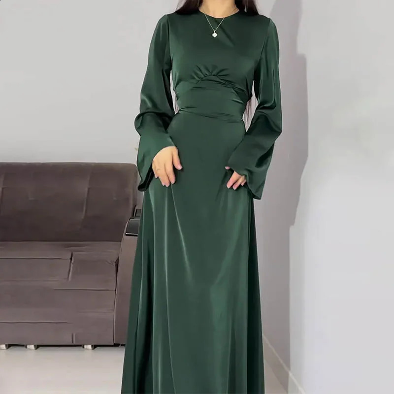 Women Satin Long Dresses Sexy Lace Up Slim Evening Dresses Simple Round Neck Flare Sleeve Birthday Party Dresses For Women 240823