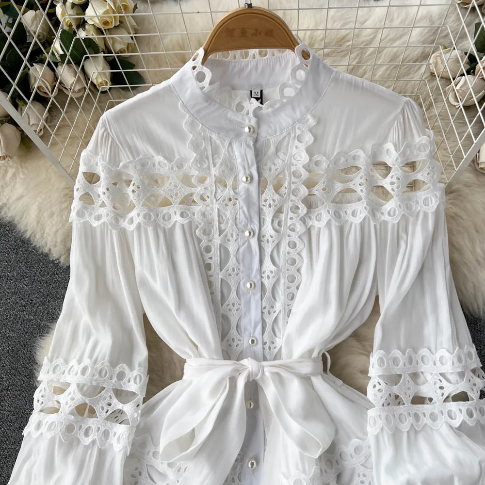 Vintage Folds Lace Hollow Out Lantern Sleeves Long Sleeves Single Breasted Dress Casual Women A-line Fashion Autumn Dress