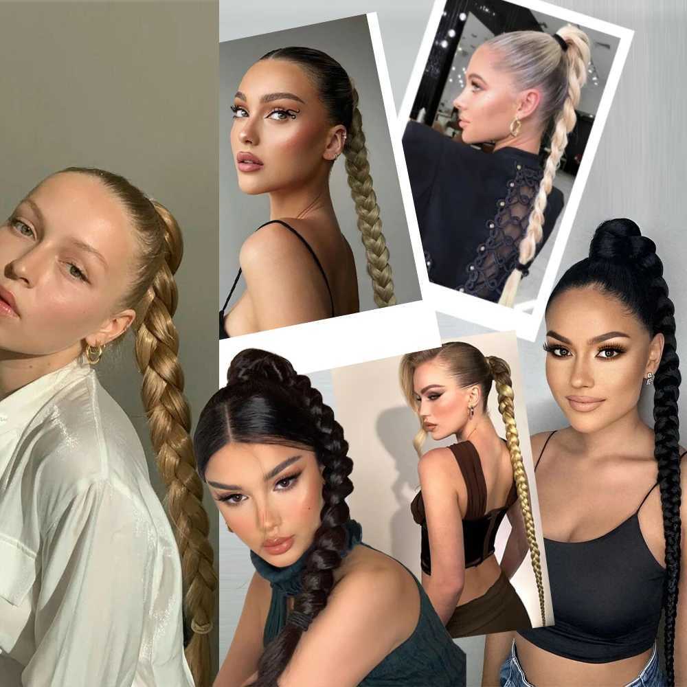 MISSQUEEN 24 inch synthetic long straight braided ponytail hair extension with rubber band black brown ponytail wig W240817