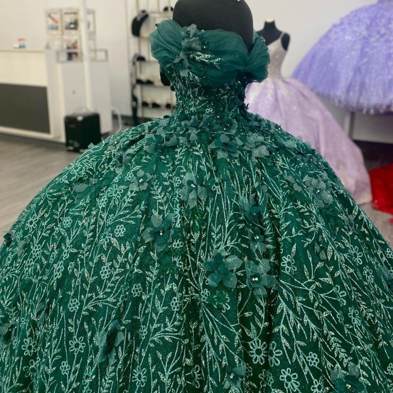 Emerald Green Shiny Quinceanera Dresses Ball Gown 3D wer Sequin Applique Crystal Sweet 16 Birthday Party Dress vestidos de 15 anos