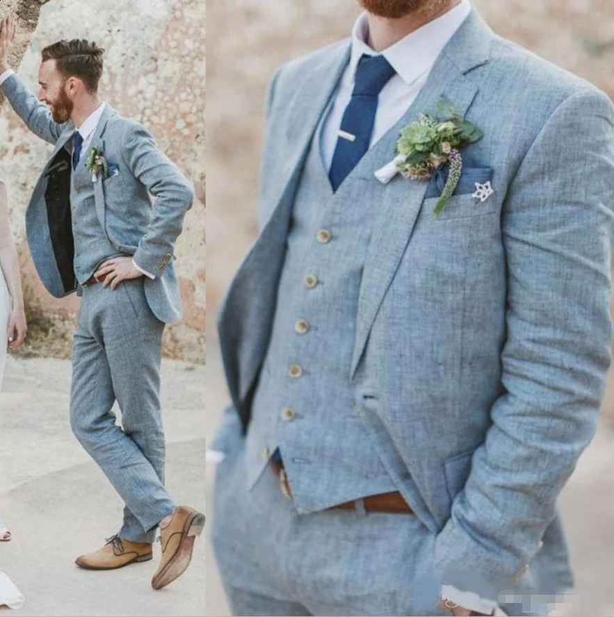 Mens Linen Slim Suit Wedding West Slim Fit 3-piece Groom Tuxedo Mens Prom Suit Jacket Pants Vest Customization 240819