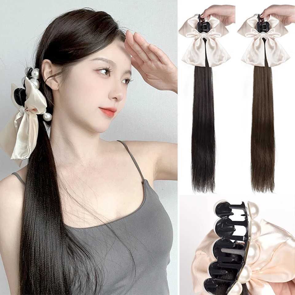 Beautiful synthetic bow ponytail wig womens claw clip high ponytail straight hair natural new Chinese braided ponytail W240817