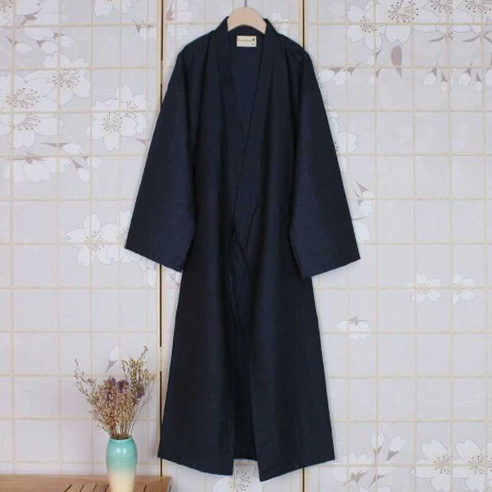 Mens casual solid color Japanese Yukata kimono pajamas long bath robe pajamas lace cotton pajamas loose clothingW240719
