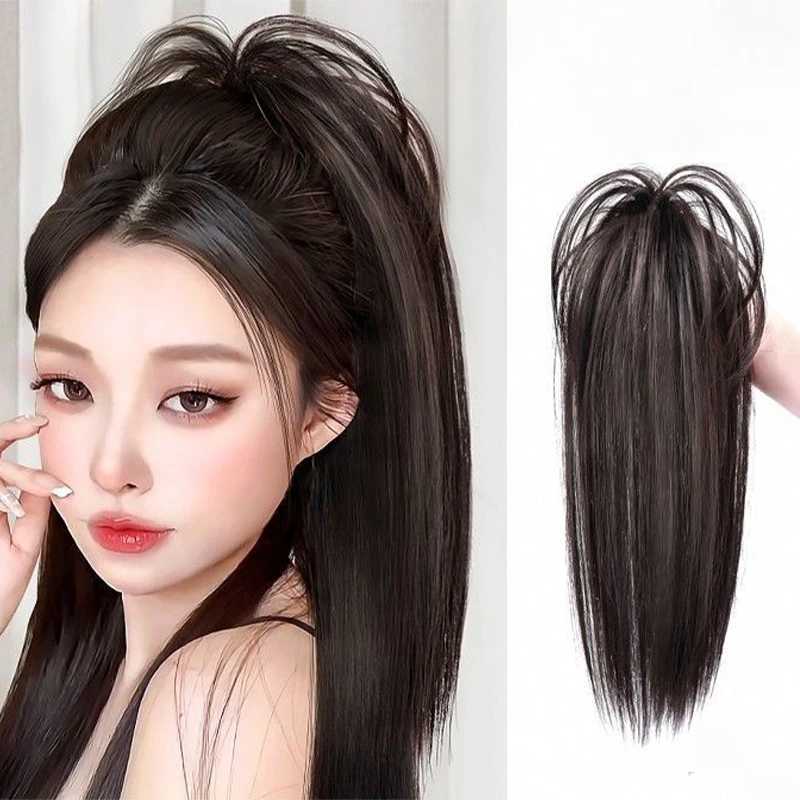 Straight ponytail extension half tied high waterfall ponytail wig girls grab clip fountain high fluffy ponytail W240817