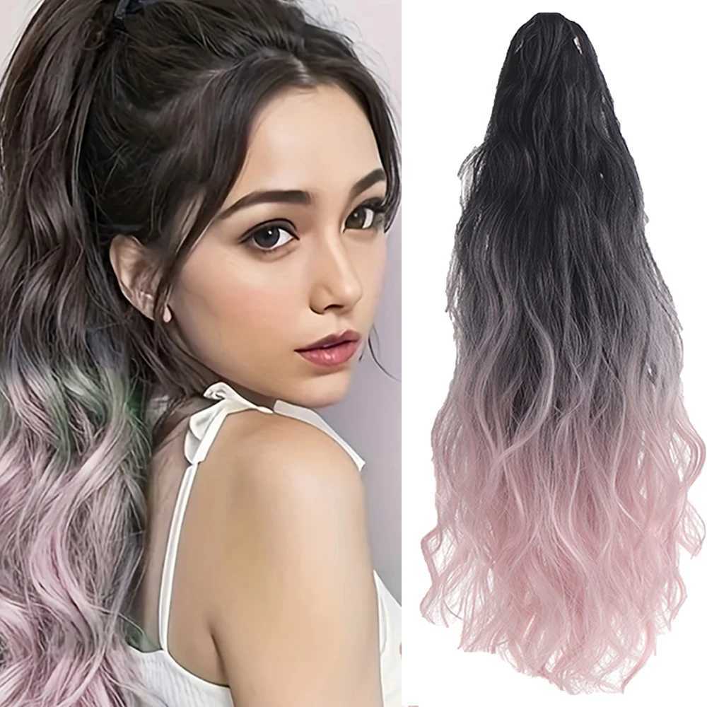 18 inch synthetic fluffy Wig gradient water pattern grab clip with long curly hair ponytail female hair accessory extension W240817