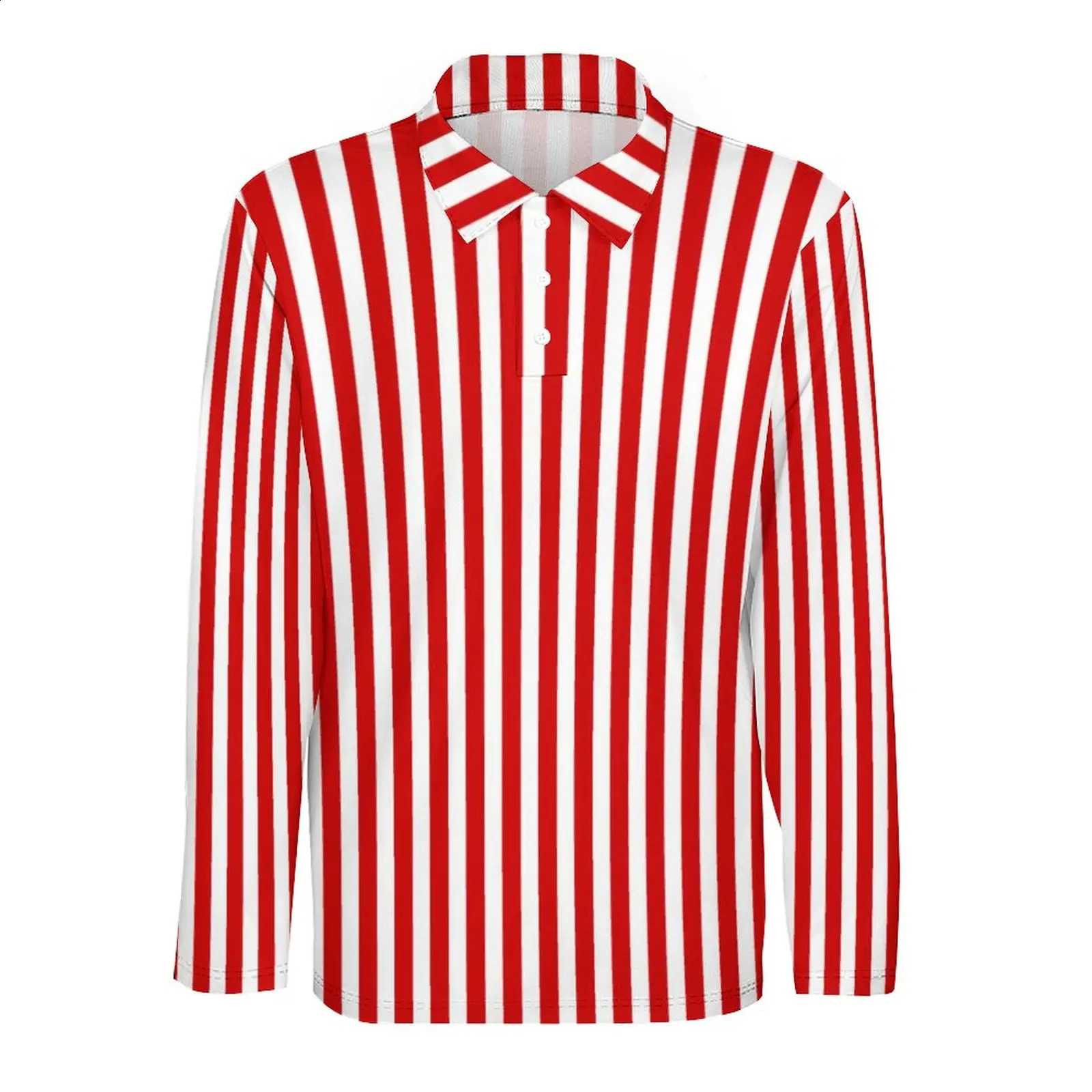 Candy Stripes Casual Polo Shirt Red and White Stripe T-Shirts Long Sleeve n Shirt Autumn Vintage Oversized Tops Gift Idea 240820
