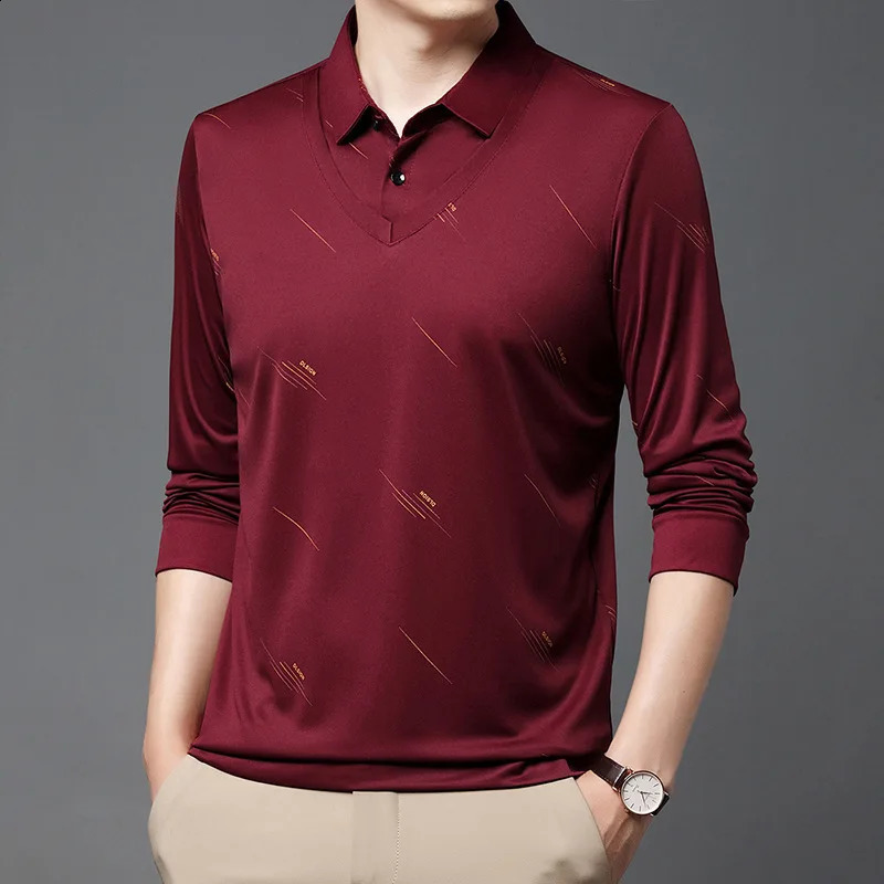 Spring and Autumn Mens Pullover Lapel Button Solid Letter Print Long Sleeve Tee T-shirt Polo Bottom Fashion Casual Formal Tops 240820