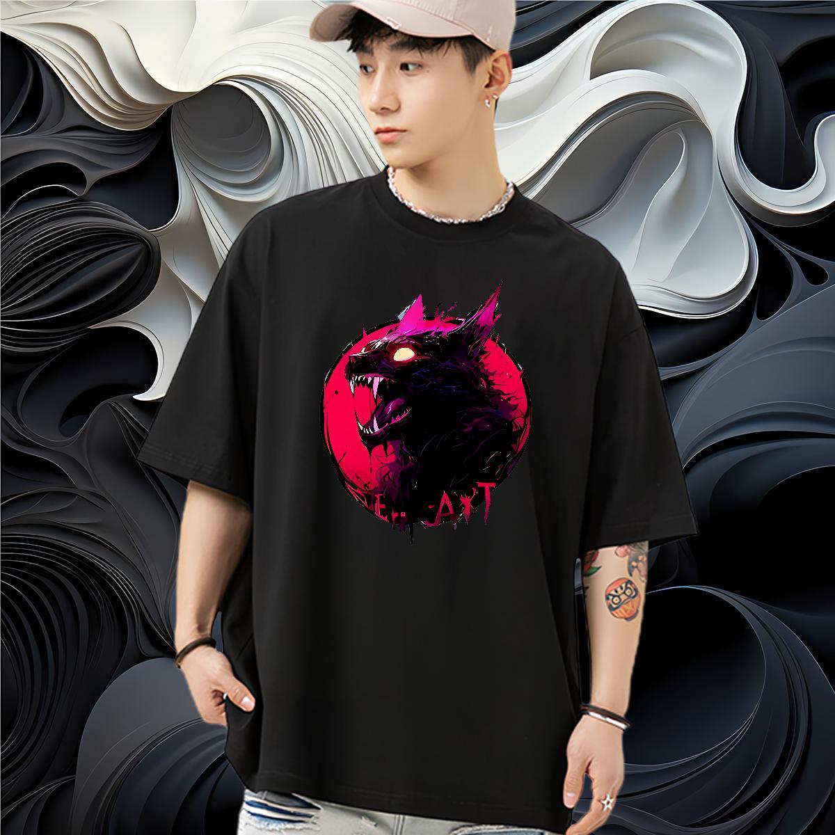 Fashion Casual Men Clothes T-Shirt wolf Outdoor 230g 100% Cotton Tee Shirt Breathable Soft Loose Fit Man T Shirts Anime Print