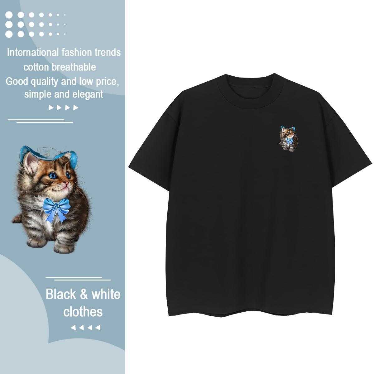 Casual New Couples T Shirts cat Street 230g Pure Cotton Wear Breathable Crew Neck Free Shipping T Shirts Men Black Oversized