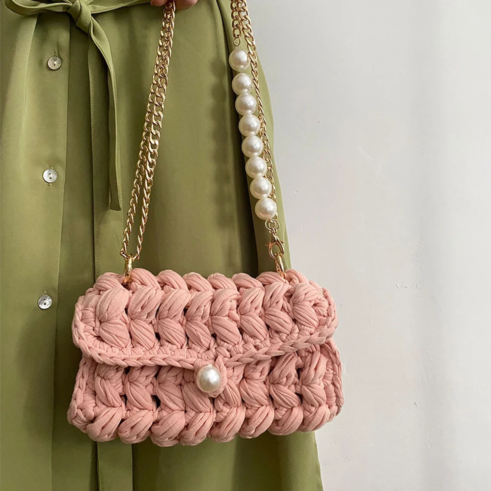 3 Handmade Rope Crochet Womens Shoulder er Knitting Crossbody Bags for Women Handbags Pearls Chains Sg Bag Tote 240819 4