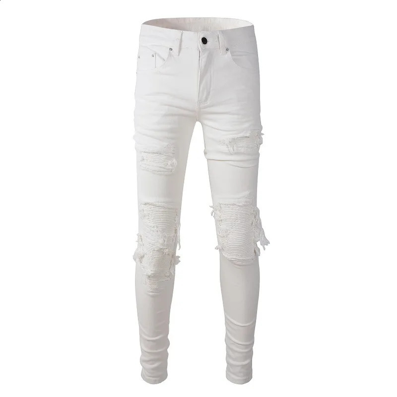 Sokotoo Mens white stretch ripped biker jeans Slim skinny pleated patchwork denim pants 240819