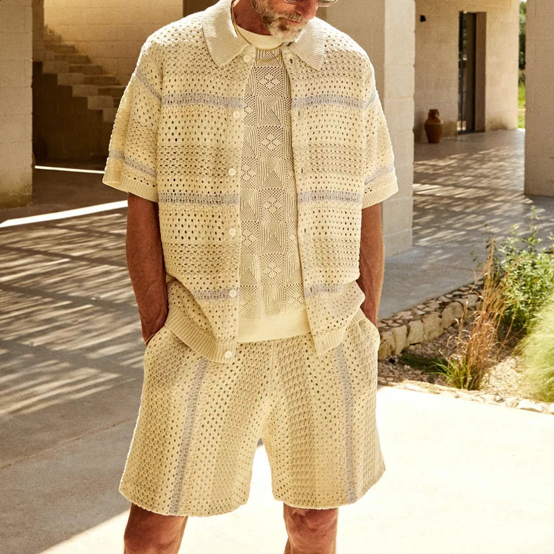 Mens Sets Summer Knitted Cardigan Shorts Color-Blocked Two-Piece Suit Men 240819