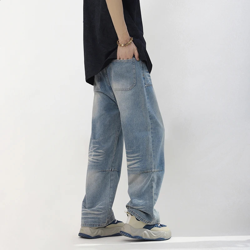 Mens High Street Fashion Baggy Jeans Blue Y2K Four Seasons Comfortable Soft Vintage Casual Straight Denim Pants Streetwear Male 240822