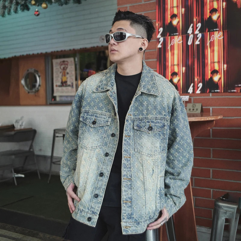 2024 Street beat highend mens loose denim jacket personalized jacquard pattern do old heavy 240819