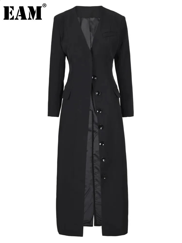 Womens black button elegant long jacket Vneck sleeved loose fit fashion trend spring and autumn 7AB1239 240819