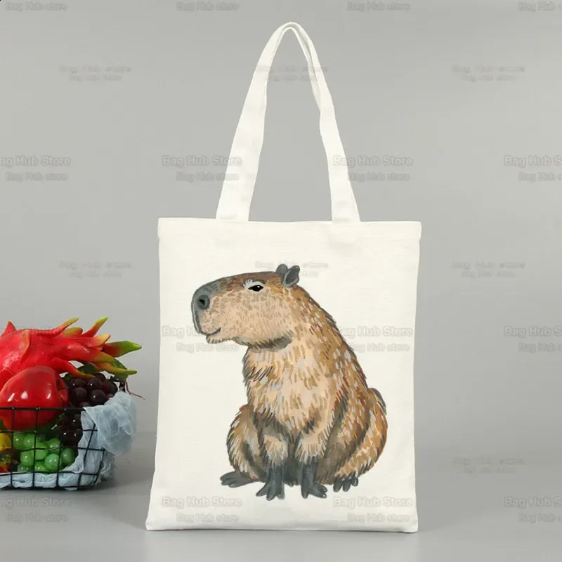 Interesting animal Capybara cartoon cute womens canvas handbag ecofriendly shopping bag shoulder folding beach 240820