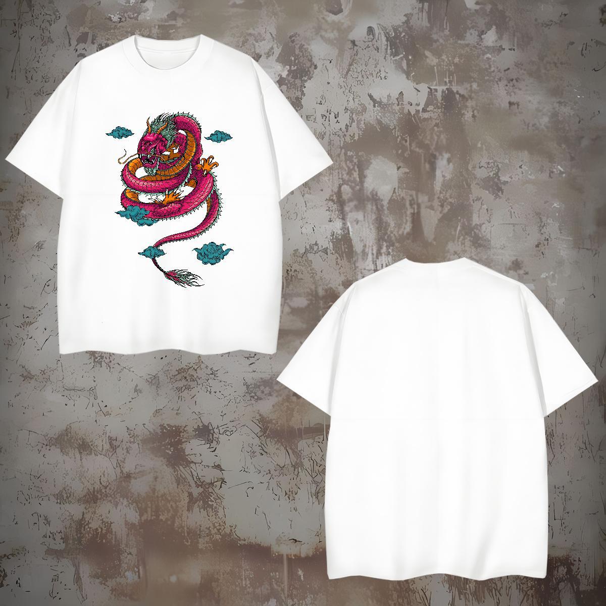 T-Shirts for Men 100% Cotton 230g dragon High Street Hip Hop Crew Neck Skull Mens Tshirts Fashion Cool Wear