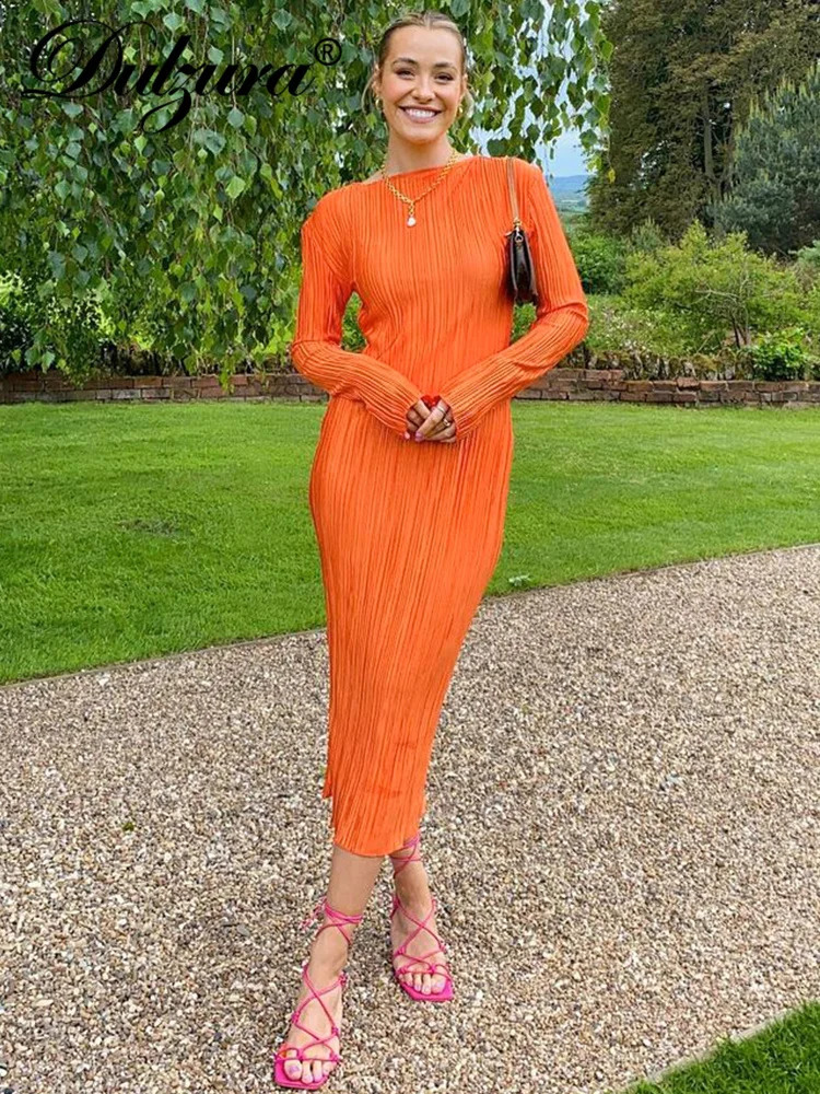 Dulzura Autumn Striped Ruched Ruffle Sexy Y2K Clothes Long Sleeve Bodycon Midi Dresses For Women Club Party Elegant Outfit 240819