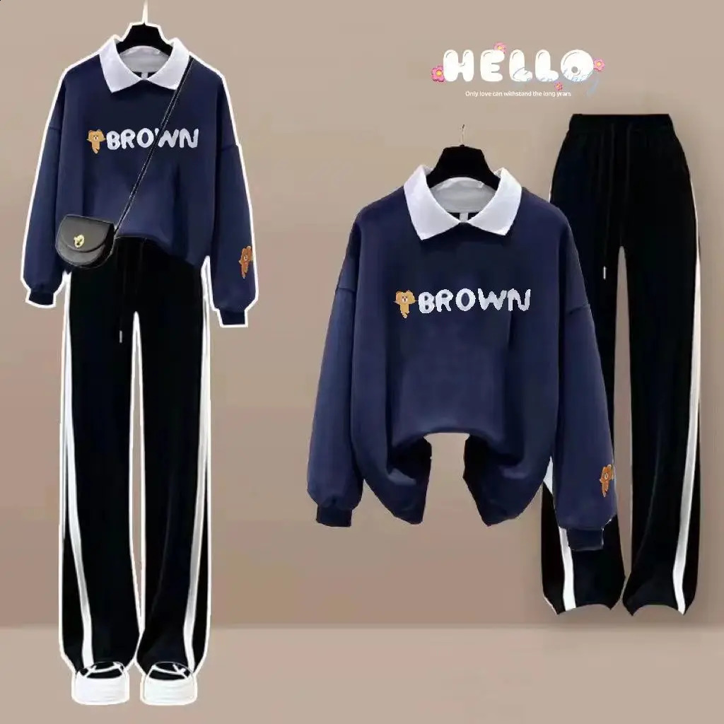 Spring and Autumn Sports Set Womens Korean Edition Loose POLO Neck Loose TopElastic Waist Casual Pants Two Piece Set 240820