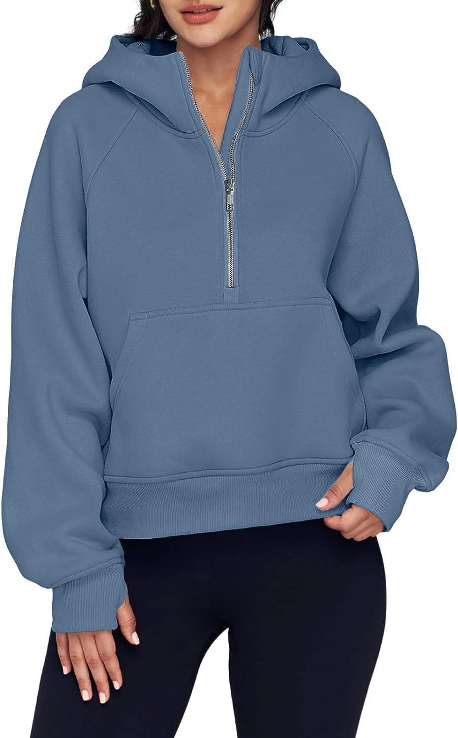 Chic Female Winter Cozy Pullover Hoodie with Stylish Collar & Semi-Zippered Opening Fit Top