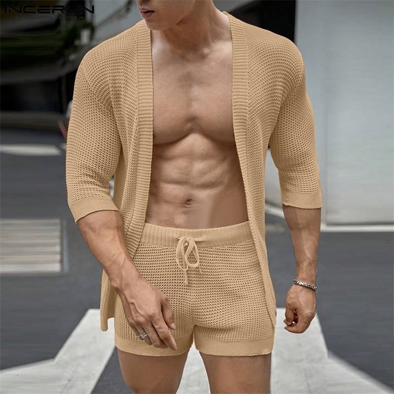 Men Sets Solid Color Streetwear Summer Half Sleeve Cardigan Drawstring Shorts Two Pieces Sets Mens Casual Suits INCERUN 240819