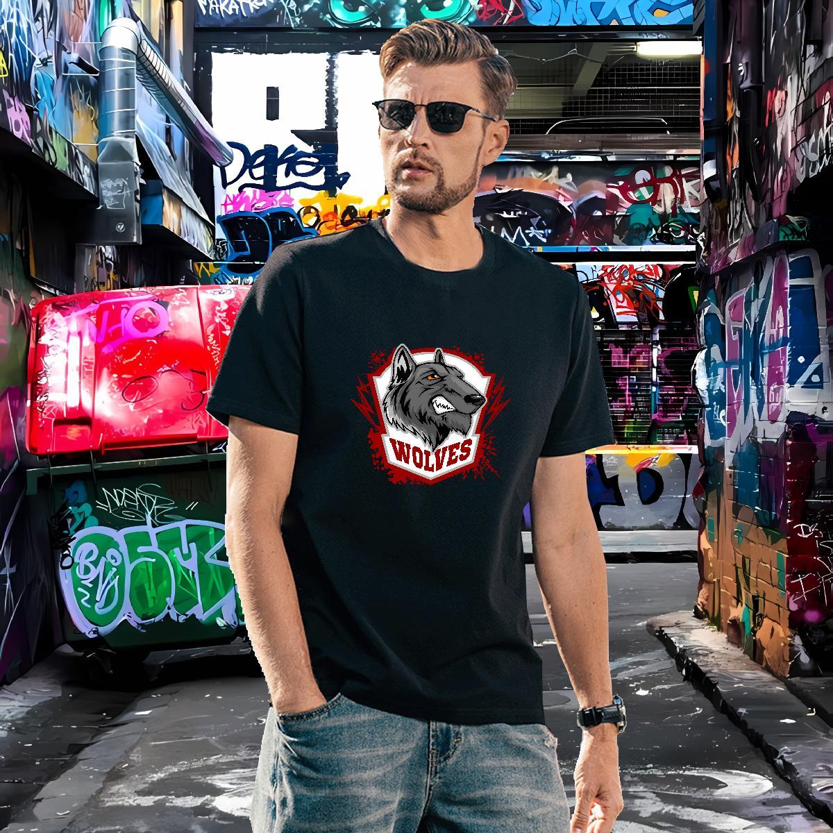 Loose Fit T Shirts Men wolf O Neck Short Sleeves Street Black White 100% Cotton 230g Tshirts Fashion Tees Shirts