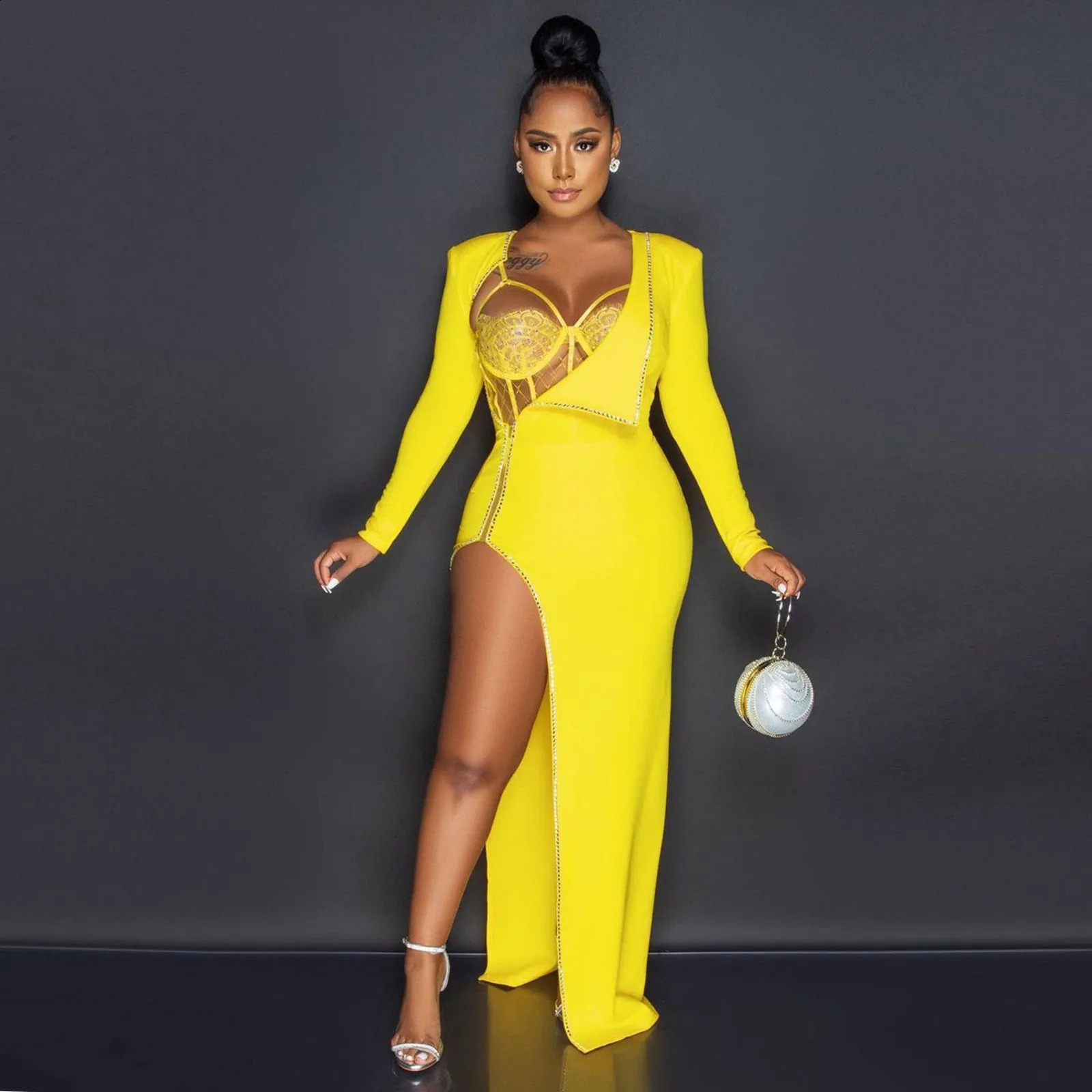 Women Sexy High Slit Dresses With Bra Sequin Diamond Long Sleeved Dress Party Nightclub Fashion Cocktail Formal Gown 240819
