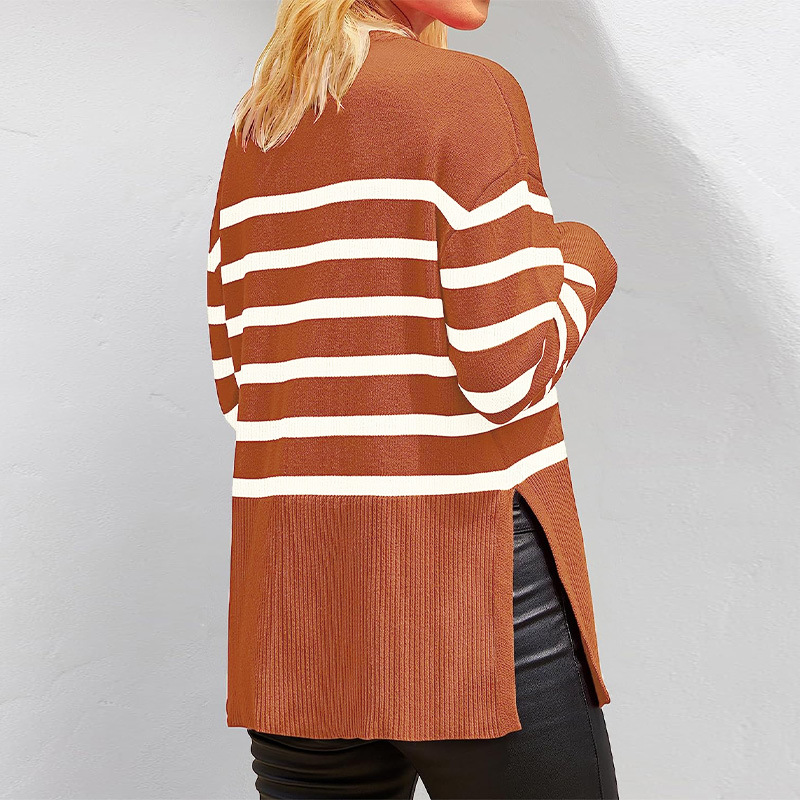Trendy European & American Women's Striped Sweater - Cozy Round Neck, Long Sleeves with Side Split