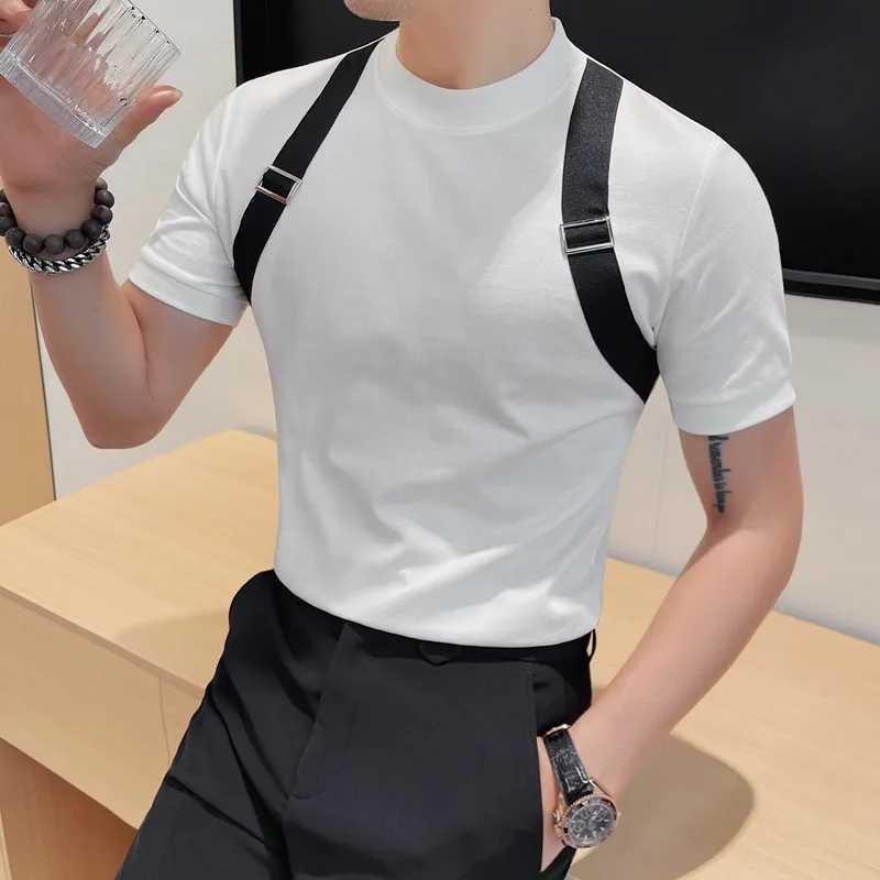 Black/White T-Shirts For Men Personalized Shoulder Strapss Short Sleeve Mens T Shirt Slim Fit Summer Casual Tops Tees Homme 4XLXJ240819