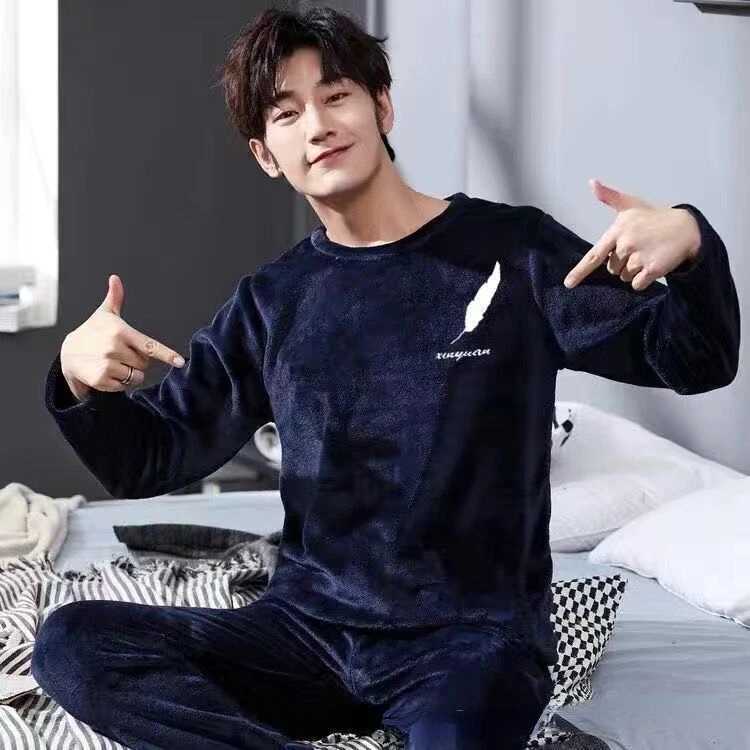 New Mens Pajama Set Thick Warm Flannel Autumn Winter Casual Pajama Home Clothes 2-piece Set Mens Coral Velvet Soft Lounge SetW240719