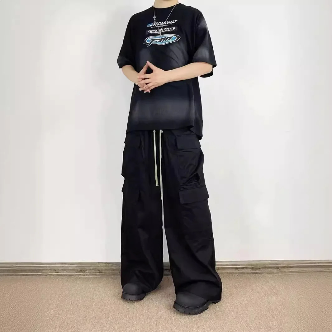 2024 casual loose fit straight leg wide leg cargo pants unisex matte black cargo pants 240819