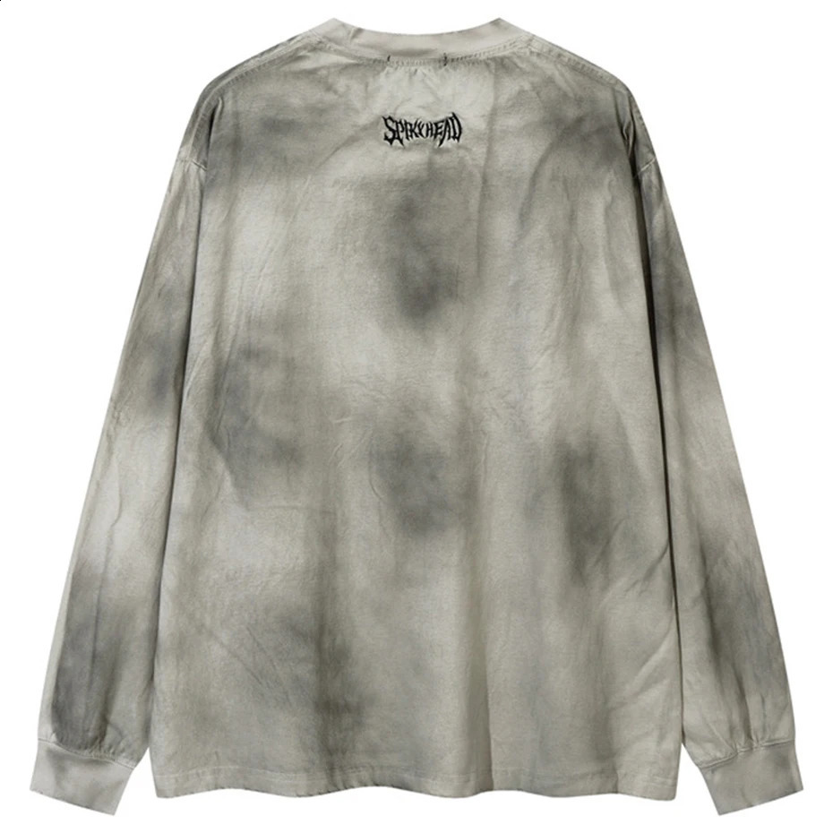 Hip Hop Harajuku T Shirts Dirty Tie Dye Loose long Sleeve T-shirt Men Streetwear Oversized Tee Casual Cotton Tshirt for Male 240820