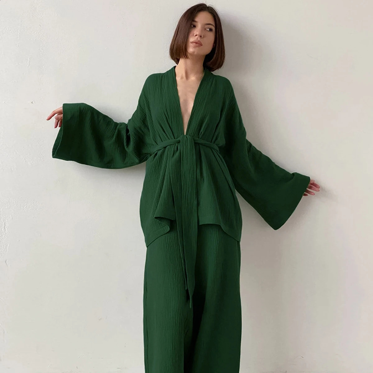 Casual Lace Up Long Sleeve Cardigan Tops Suits High Waist Wide-leg Pants Nightgown Sets Loose Pajama Women Homewear 2 Piece Sets 240819