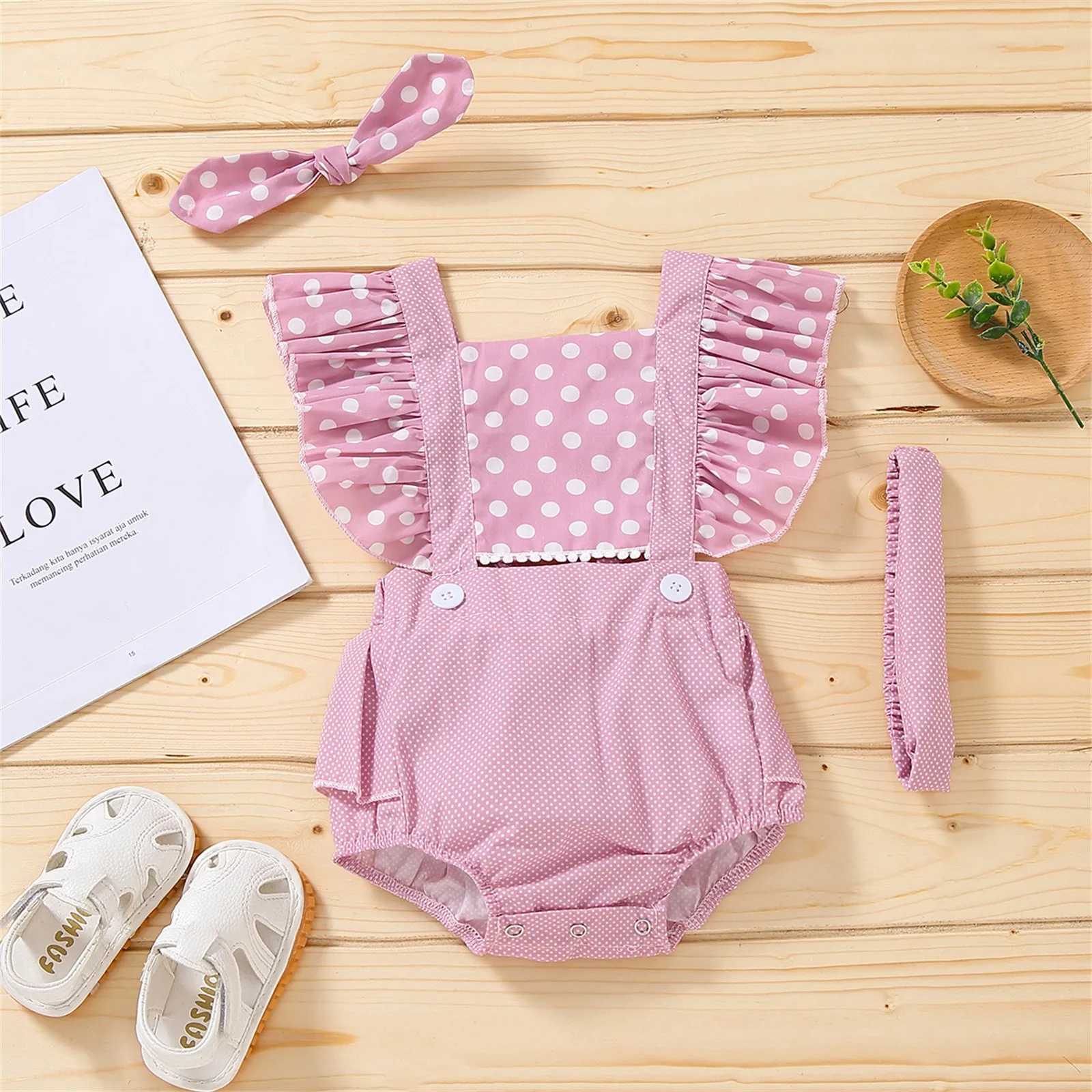 Jumpsuit with polka dots and ruffles for girls sleeveless baby headband for babies polka jumpsuit for girls 12-month baby dress W240806