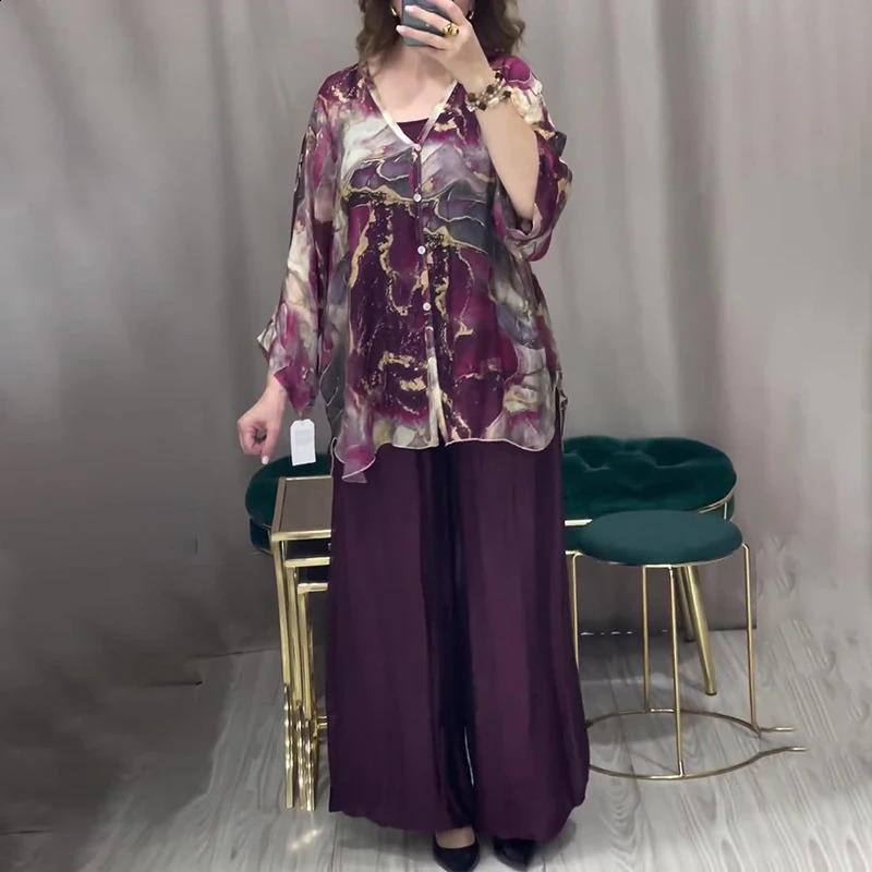 Retro Marble Print Loose Women Outfit Spring V Neck Button Blouse Shirt Pleated Pants 2pcs Autumn Long Sleeve Female Suits Set 240820