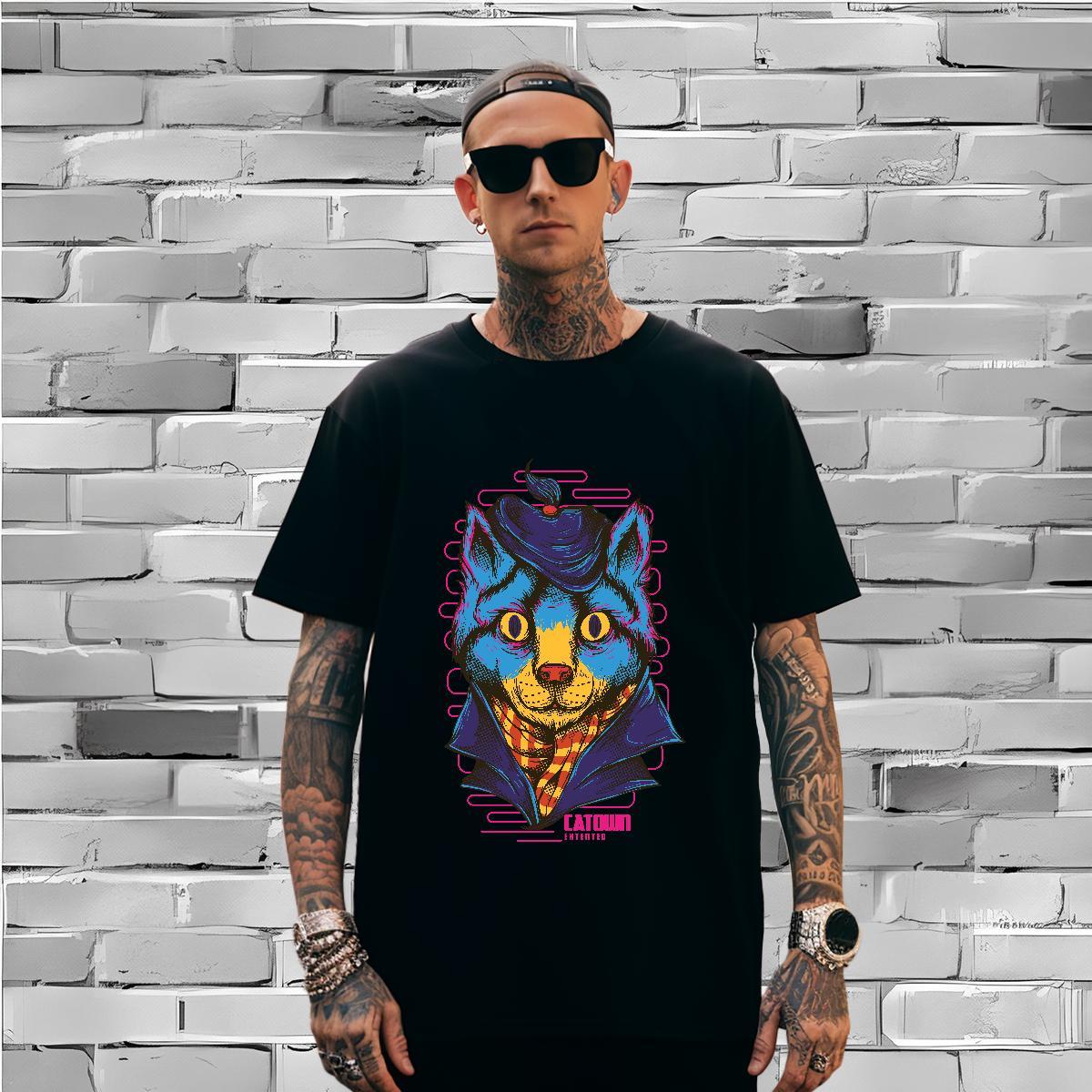Loose Fit Blue cat T Shirt For Man Daily Wear Tshirt for Man Woman 230g Pure Cotton Stylist Breathable Custom Print Plus Size Tops Shirt